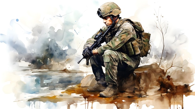 Soldat en uniforme de camouflage dans la guerre Illustration à l'aquarelle