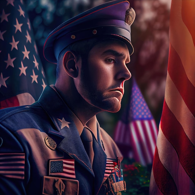 Un soldat en uniforme debout avec trois drapeaux américains