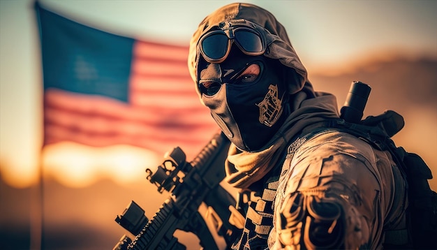 Un soldat en uniforme militaire avec le drapeau américain derrière lui