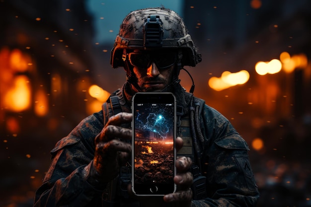 Un soldat en uniforme militaire montre un smartphone avec l'image de la bataille sur le fond de la ville