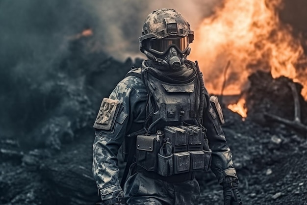 Un soldat en uniforme militaire se tient devant un feu brûlant.