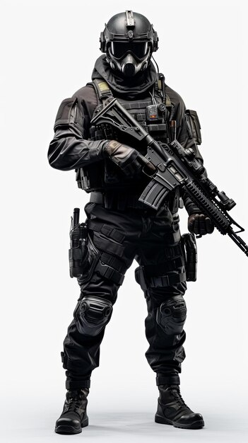 Soldat d'une unité d'élite entièrement vêtu de noir isolé sur un fond minimal