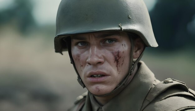 Un soldat avec un visage ensanglanté et un casque sur la tête.