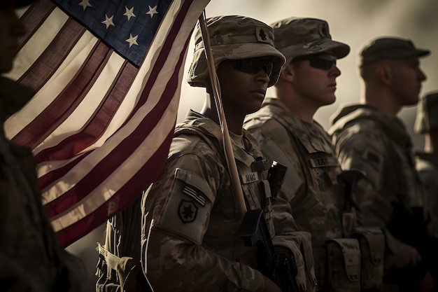 Photo soldats américains et drapeau des états-unis réseau de neurones généré en mai 2023 non basé sur une scène ou un modèle réel de personne