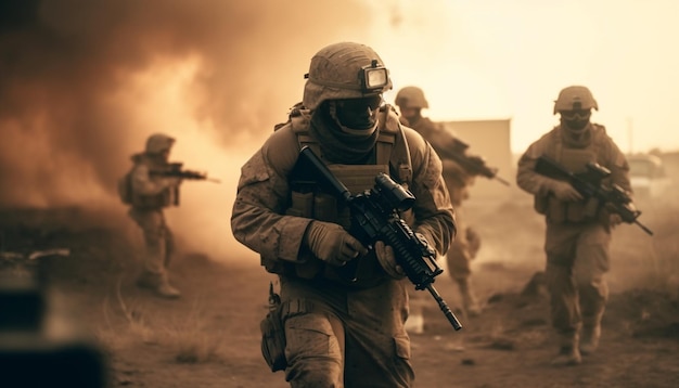 Soldats de l'armée en tenue de camouflage tenant des fusils générés par l'IA