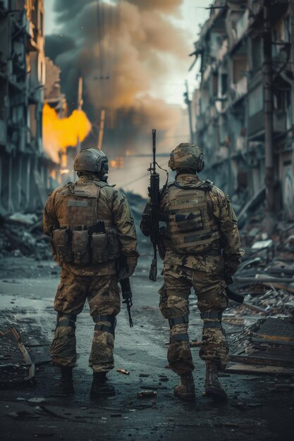 Des soldats armés sur le champ de bataille tout explose et des drones volent autour des actions militaires