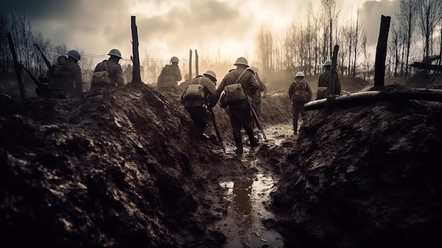 soldats sur le champ de bataille pendant la seconde guerre mondiale IA générative