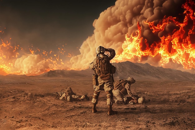 soldats combattant dans l'espace pendant l'apocalypse devant l'explosion