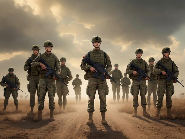 Des soldats combattant dans la guerre3d Illustration de l'armée en mouvement Soldat laquais infanterie marchant