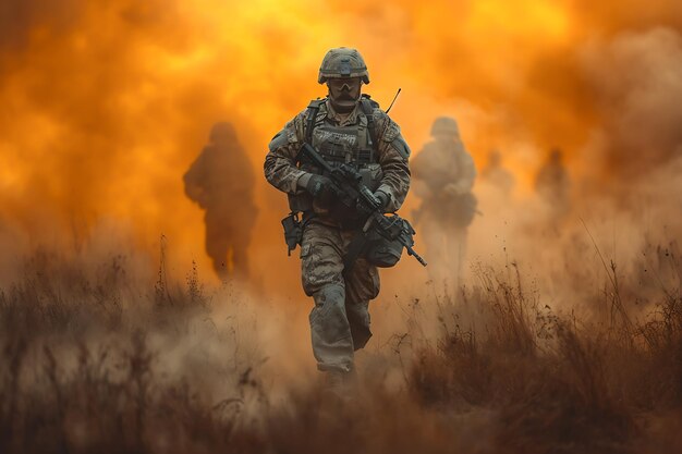 Photo des soldats courageux au cœur de la bataille action militaire sur la ligne de front