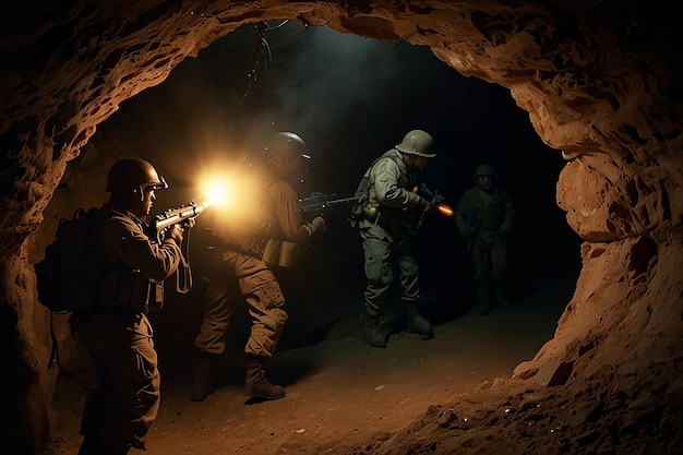 des soldats dans une grotte avec une lumière à l'intérieur