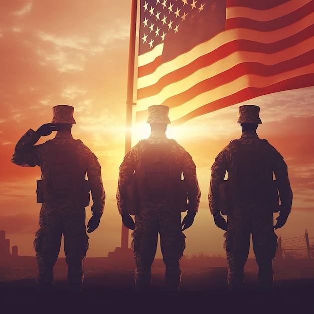 soldats debout devant un drapeau avec le soleil derrière eux.