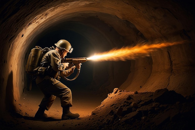 Les soldats de dégagement des lance-flammes dans le combat souterrain