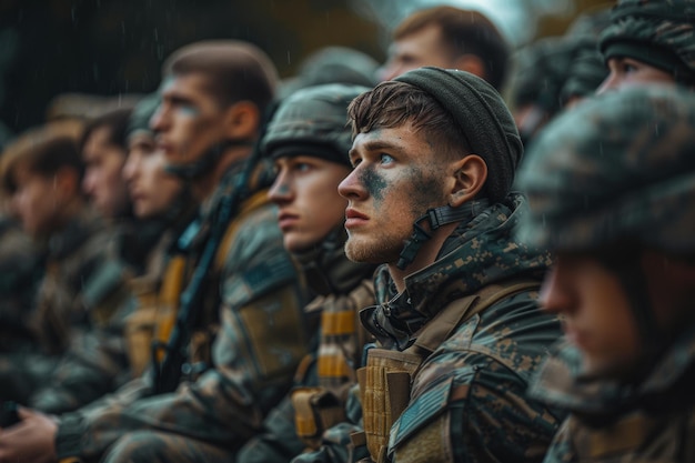 Des soldats déterminés assis dans une rangée avec l'un d'eux en vue de profil contemplatif