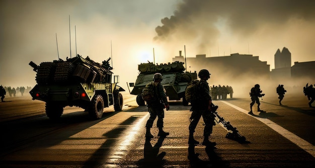 Soldats devant un ciel enfumé