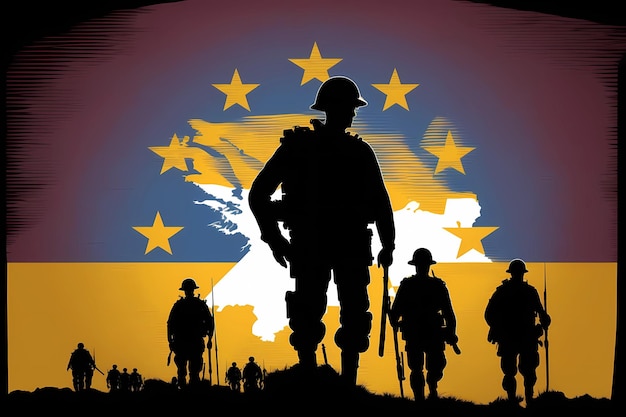 Soldats sur le fond du drapeau européen