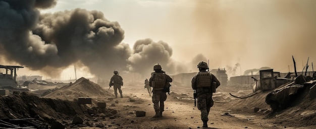 Des soldats des forces spéciales militaires sont représentés traversant une zone de guerre détruite au milieu du feu et de la fumée AI générative