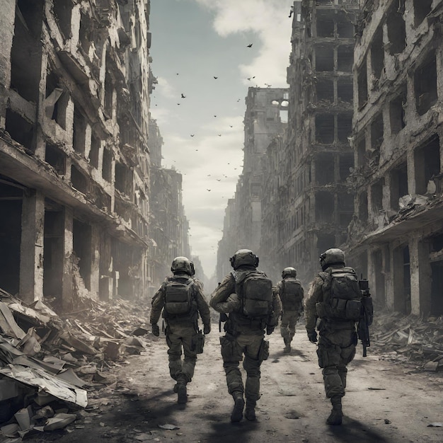 Des soldats d’IA générative marchant dans les rues d’une ville en ruines