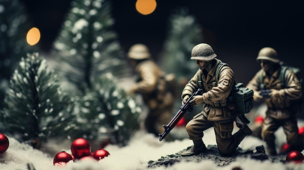 Des soldats jouets sur le thème de la guerre se tiennent devant les décorations de Noël.