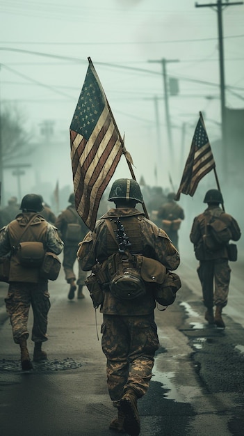 Des soldats marchent dans le brouillard.