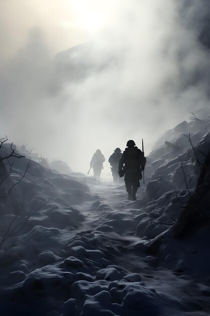 Des soldats marchent à travers la forêt d'hiver avec du brouillard en arrière-plan.