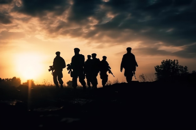 Soldats se découpant sur un ciel au coucher du soleil