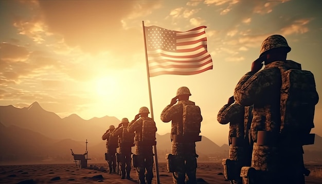 Les soldats se tiennent devant un coucher de soleil avec le fond du jour commémoratif du drapeau américain