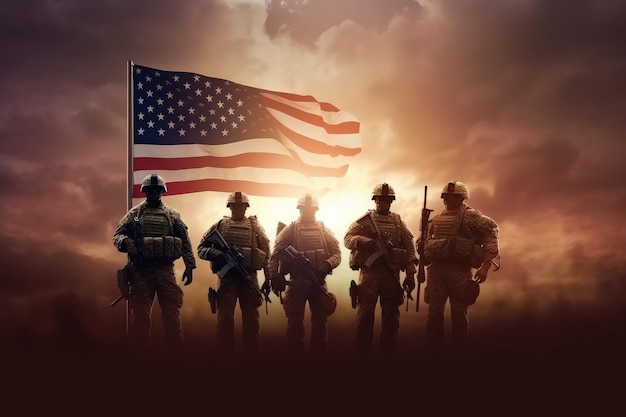 Des soldats se tiennent devant le drapeau des États-Unis.