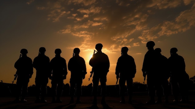 Les soldats se tiennent en ligne devant un coucher de soleil.