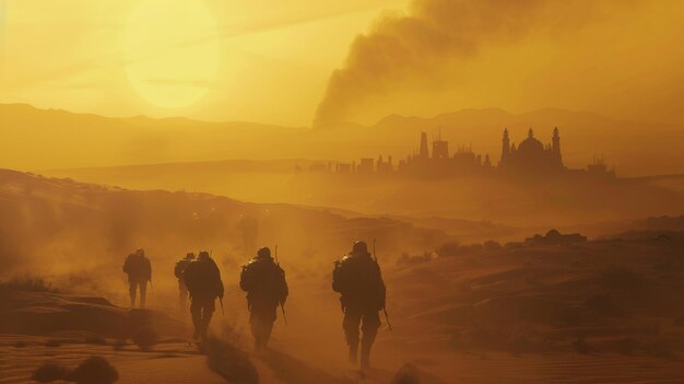 Des soldats silhouettés se déplacent à travers un désert une ville mystique se dresse dans la brume du coucher du soleil