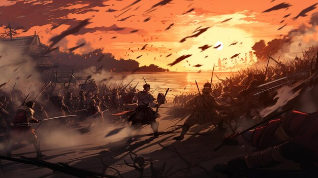 les soldats sont à cheval dans une bataille avec un coucher de soleil en arrière-plan ai générativ