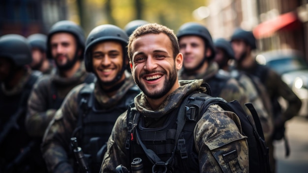 Des soldats souriants regardent la caméra, des visages heureux d'hommes en uniforme moderne en été, portrait d'un groupe de militaires masculins au Moyen-Orient, concept de l'armée de guerre, jeunes gens, camouflage israélien, IA générative.