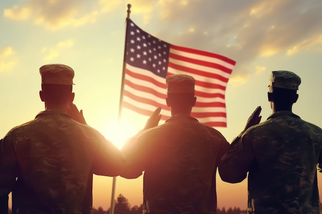 Soldats tenant un drapeau devant le soleil