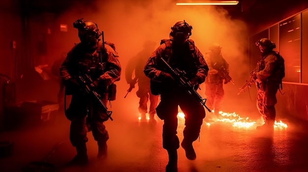 Des soldats traversent un nuage de fumée avec les mots "armée" sur le devant.