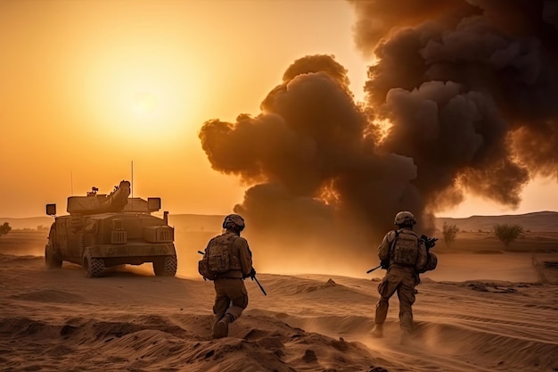 Les soldats traversent la zone de guerre avec le feu et la fumée dans le char des forces spéciales militaires du désert