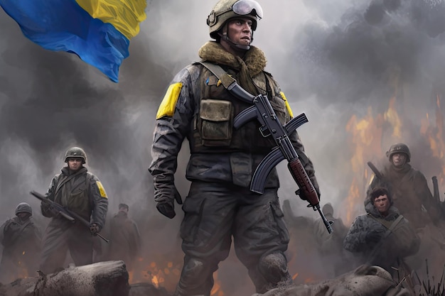 Soldats ukrainiens en guerre Attaque de chars sous drapeau ukrainien