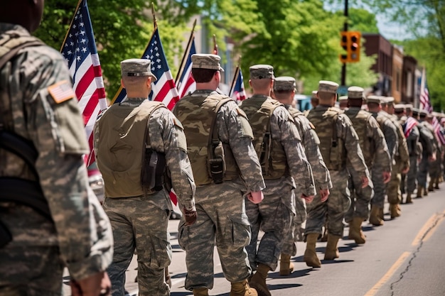 Des soldats en uniforme militaire se tiennent dans un défilé avec des drapeaux américains sur le côté