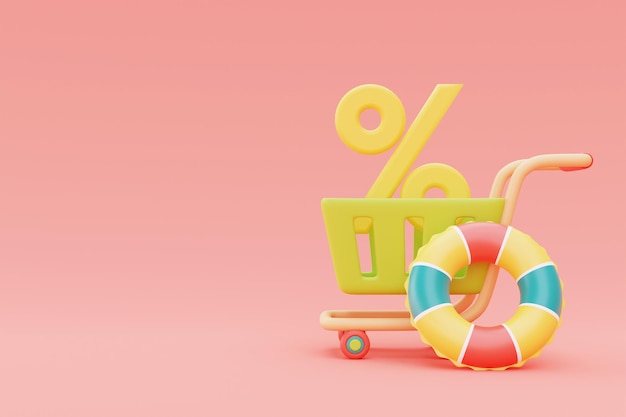 Soldes d'été avec des éléments de plage d'été colorés et rendu de panier3d