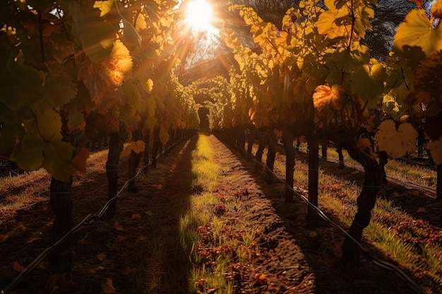 Soleil d'automne qui brille à travers des rangées de vignes mettant en valeur leurs feuilles dorées