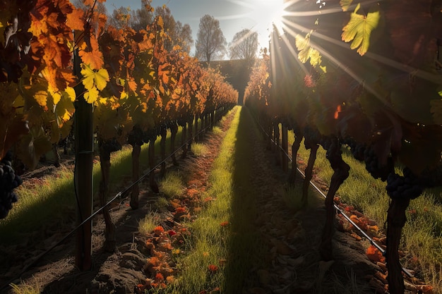 Soleil d'automne qui brille à travers les vignes illuminant les rangées de vignes