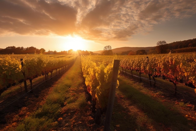 Le soleil d'automne se couche sur le vignoble avec des rangées de vignes au premier plan