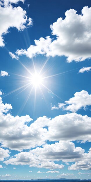 Photo le soleil brille dans le ciel bleu avec des nuages blancs à l'arrière-plan réaliste