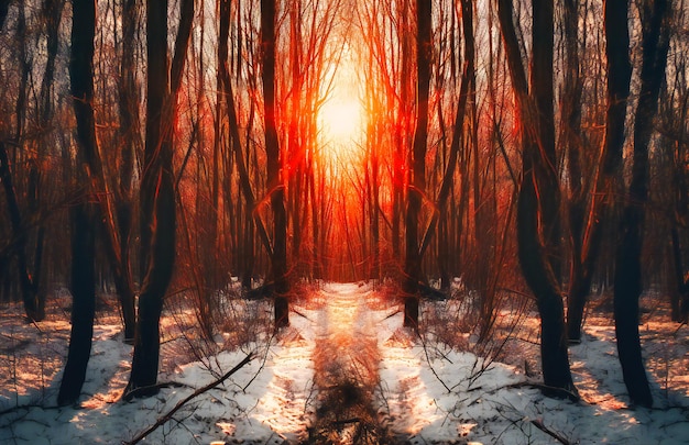 Le soleil brille dans la forêt d'hiver