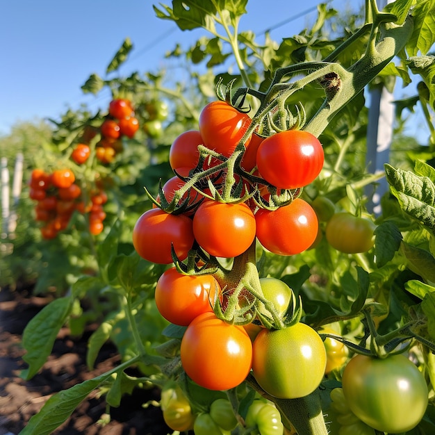 Le soleil brille sur les grappes de tomates luxuriantes