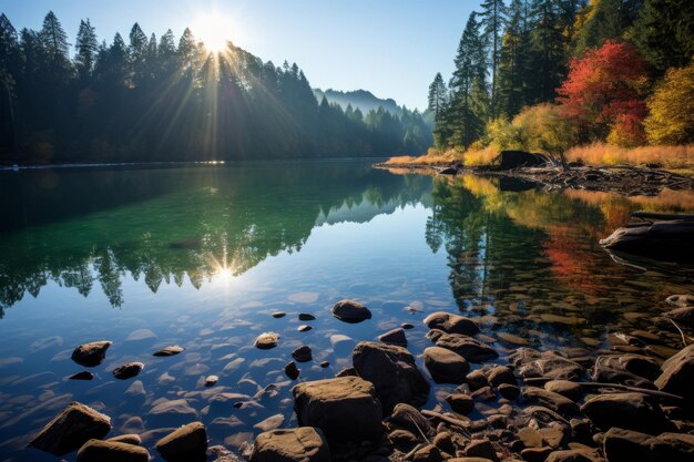 Le soleil brille sur un lac entouré d'arbres et de rochers.