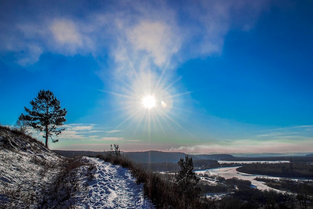 Photo le soleil brille de mille feux et disperse ses rayons contre le ciel bleu