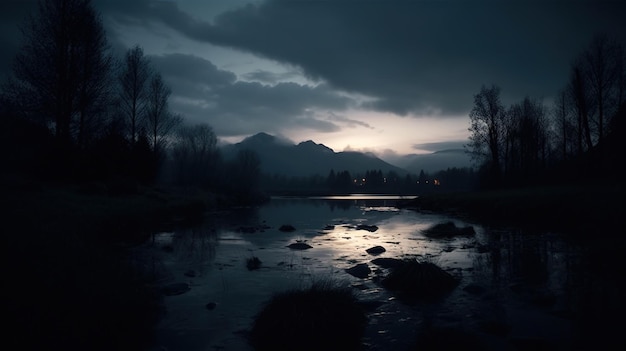 Le soleil brille sur les montagnes et la rivière est sombre