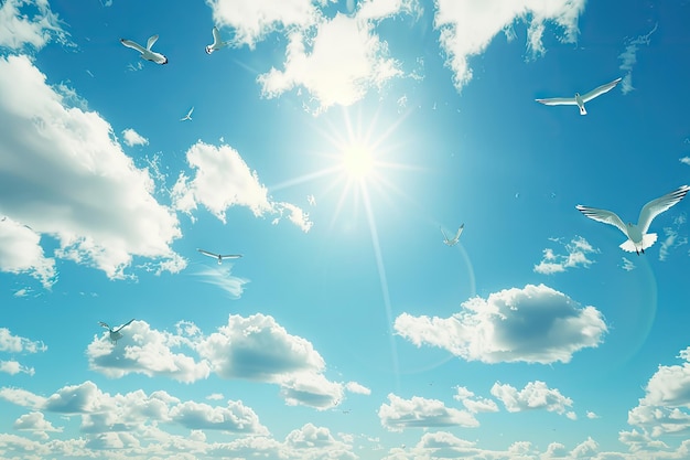 Le soleil brille et les oiseaux volent sur un ciel bleu céleste