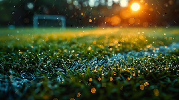 Le soleil brille sous la pluie sur le terrain de football sur l'herbe