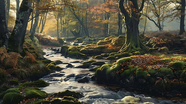 Le soleil brille à travers les arbres dans une belle forêt une rivière coule au milieu de la forêt et les arbres sont couverts de mousse